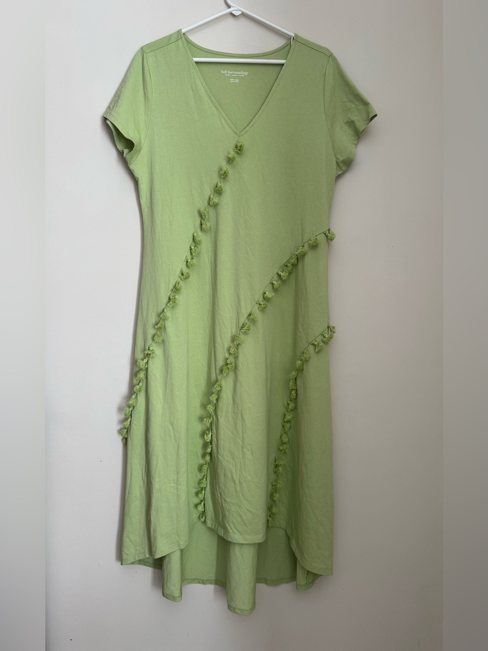 Soft Surroundings Alana Hi Low Maxi Dress Petite Large Green Tassel Trim Boho